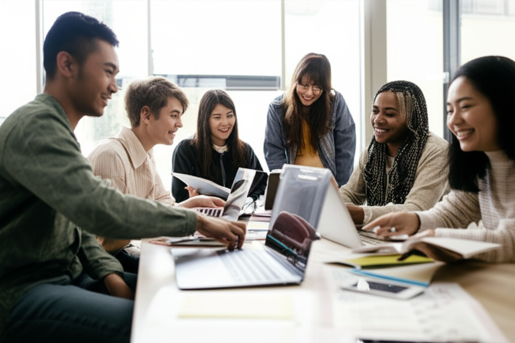 Grupo diverso de jóvenes estudiantes sonriendo y colaborando